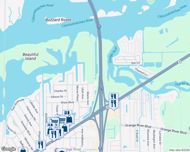 map of restaurants, bars, coffee shops, grocery stores, and more near 139 Schneider Drive in Fort Myers