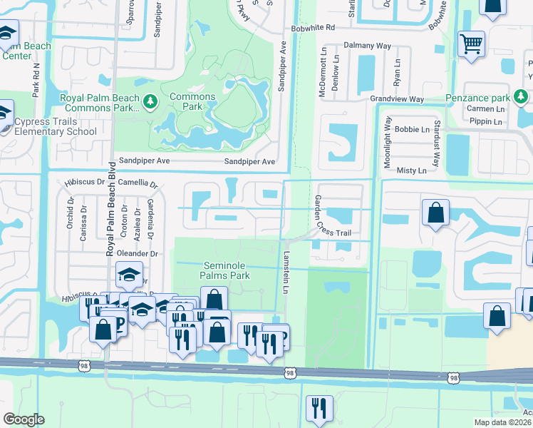 map of restaurants, bars, coffee shops, grocery stores, and more near 112 Wakulla Springs Way in Royal Palm Beach