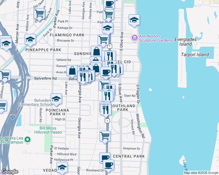 map of restaurants, bars, coffee shops, grocery stores, and more near 315 Almeria Road in West Palm Beach