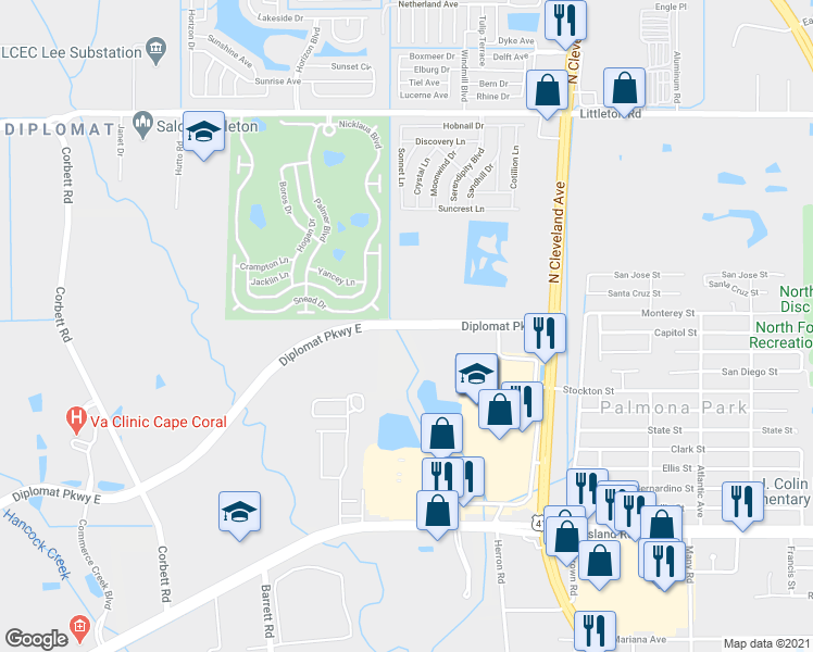 map of restaurants, bars, coffee shops, grocery stores, and more near Diplomat Pkwy E in North Fort Myers