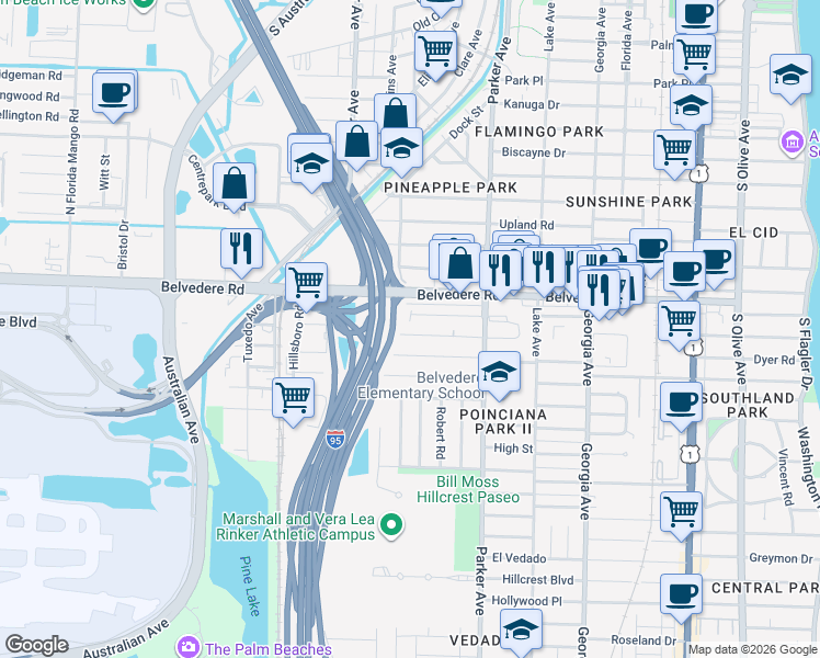 map of restaurants, bars, coffee shops, grocery stores, and more near 1023 Almeria Road in West Palm Beach