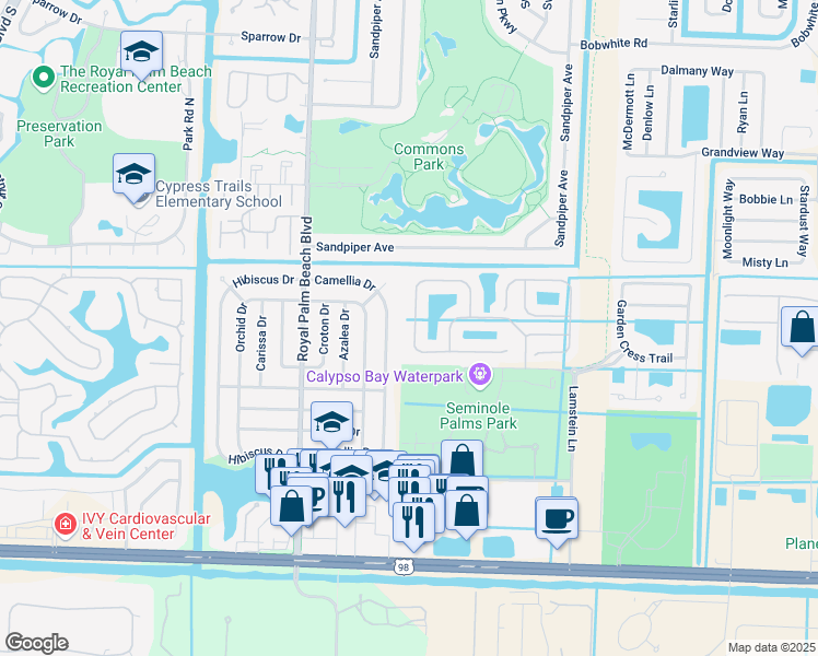 map of restaurants, bars, coffee shops, grocery stores, and more near 168 Seminole Lakes Drive in Royal Palm Beach