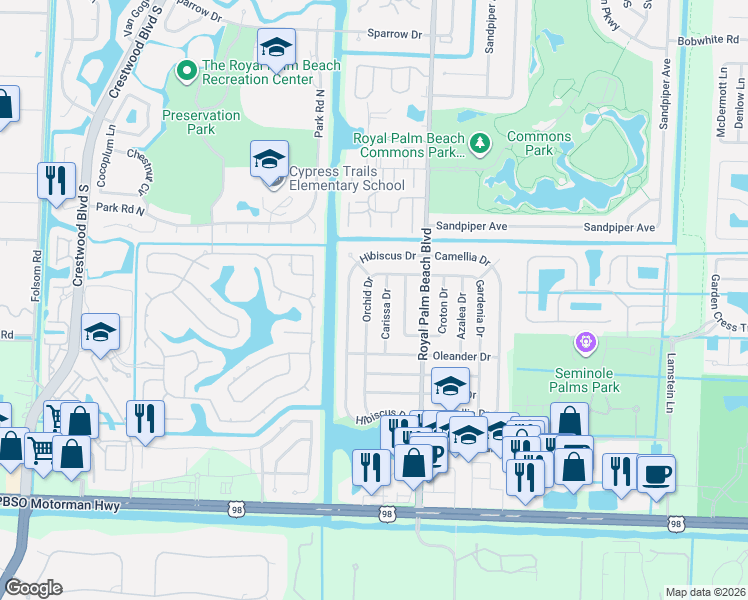 map of restaurants, bars, coffee shops, grocery stores, and more near 792 Orchid Drive in Royal Palm Beach