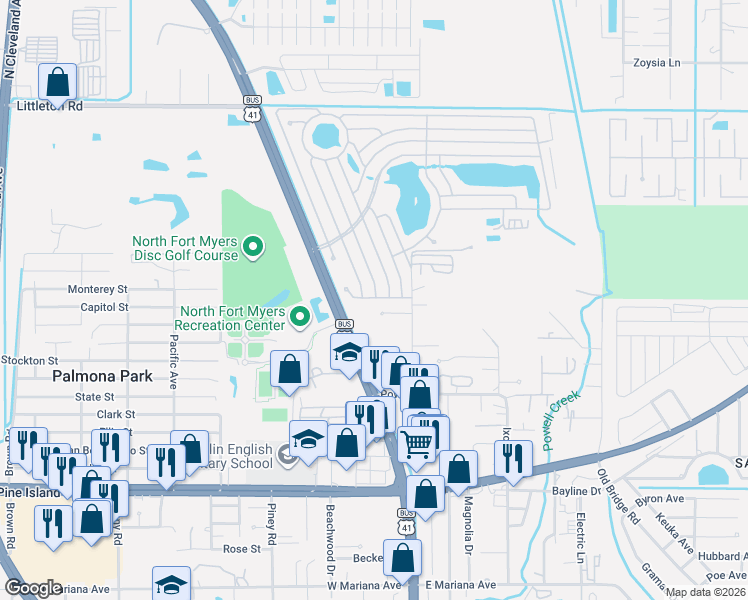 map of restaurants, bars, coffee shops, grocery stores, and more near 181 Custers Court in North Fort Myers