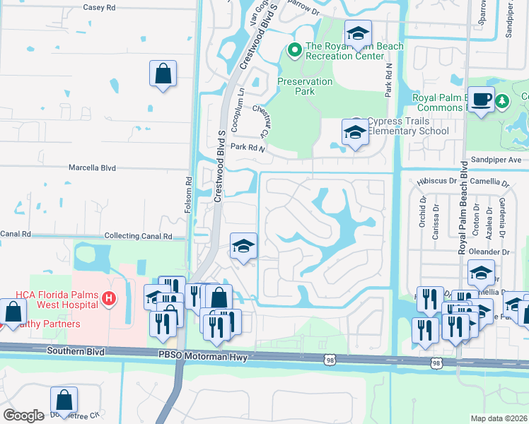 map of restaurants, bars, coffee shops, grocery stores, and more near 276 Cypress Trce in Royal Palm Beach