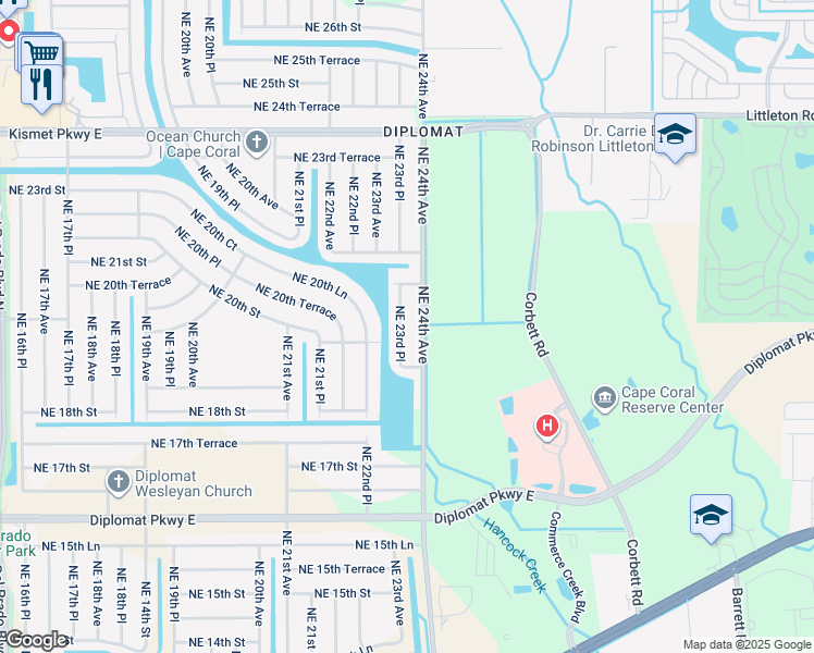 map of restaurants, bars, coffee shops, grocery stores, and more near 1927 Northeast 23rd Place in Cape Coral