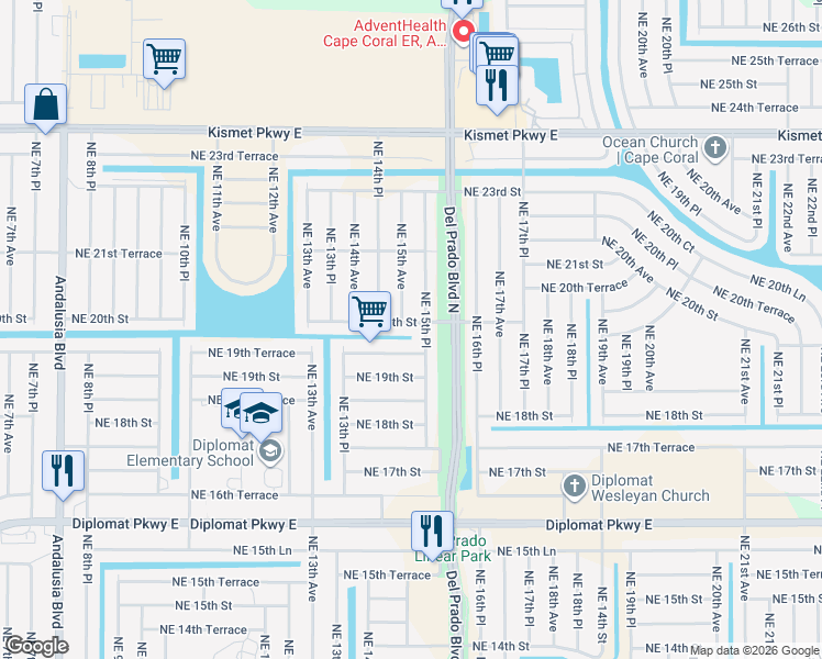 map of restaurants, bars, coffee shops, grocery stores, and more near 1504 Northeast 20th Street in Cape Coral