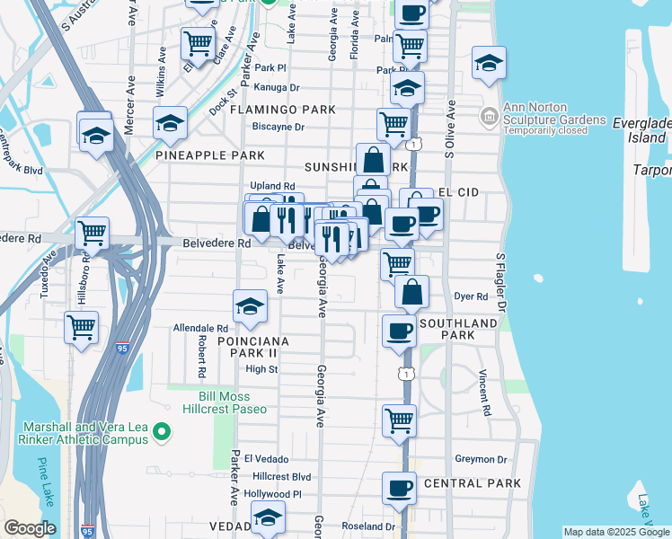map of restaurants, bars, coffee shops, grocery stores, and more near 632 Belvedere Road in West Palm Beach