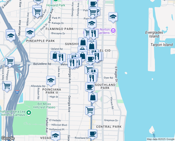 map of restaurants, bars, coffee shops, grocery stores, and more near 2751 South Dixie Highway in West Palm Beach