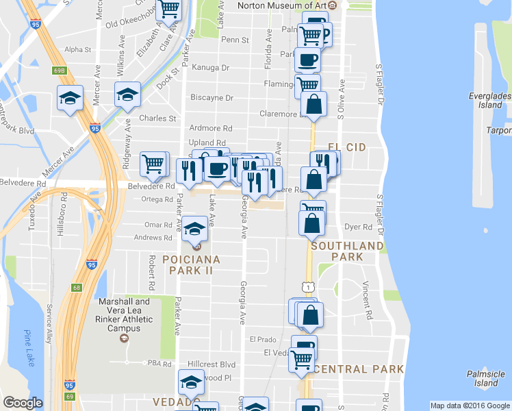map of restaurants, bars, coffee shops, grocery stores, and more near 628 Belvedere Road in West Palm Beach