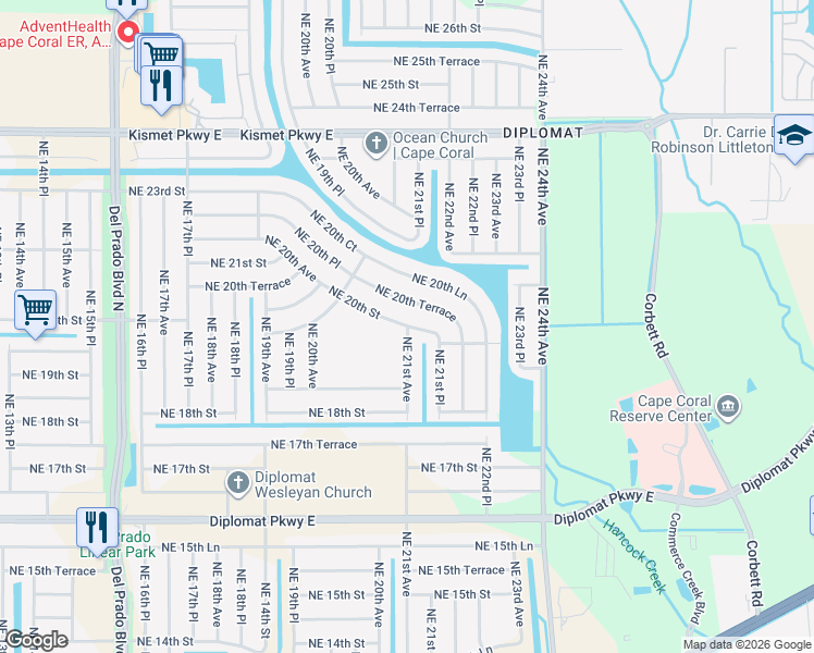 map of restaurants, bars, coffee shops, grocery stores, and more near 2105 Northeast 20th Street in Cape Coral