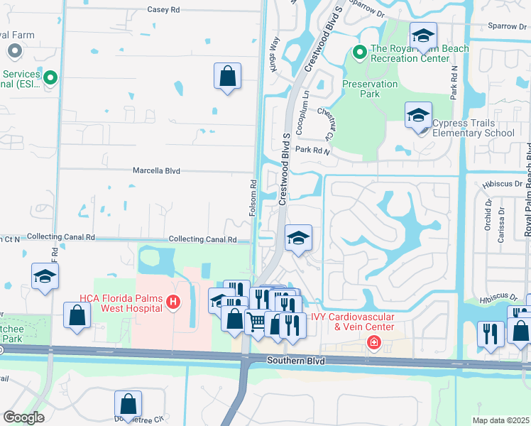 map of restaurants, bars, coffee shops, grocery stores, and more near 300 Crestwood Circle in Royal Palm Beach