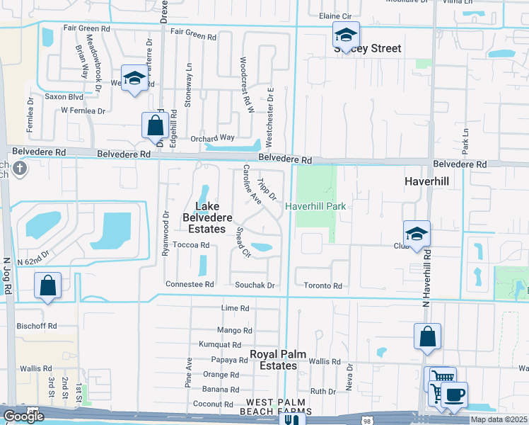 map of restaurants, bars, coffee shops, grocery stores, and more near 803 Caroline Avenue in West Palm Beach