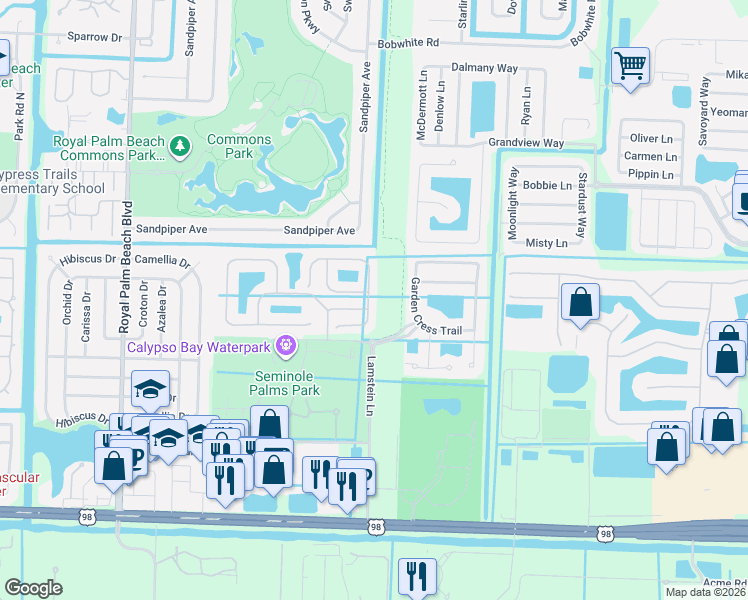 map of restaurants, bars, coffee shops, grocery stores, and more near 337 River Bluff Lane in Royal Palm Beach