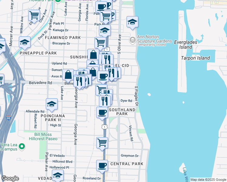 map of restaurants, bars, coffee shops, grocery stores, and more near 315 Almeria Road in West Palm Beach