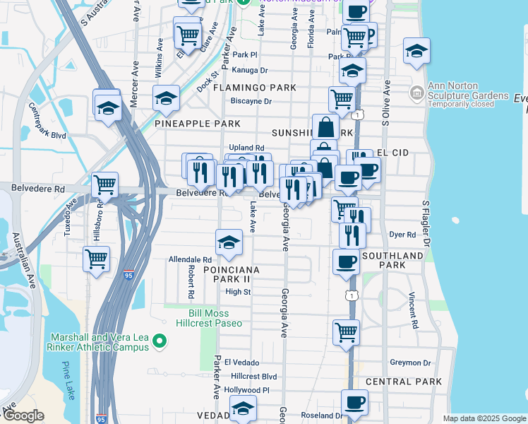map of restaurants, bars, coffee shops, grocery stores, and more near 714 Gotham Court in West Palm Beach