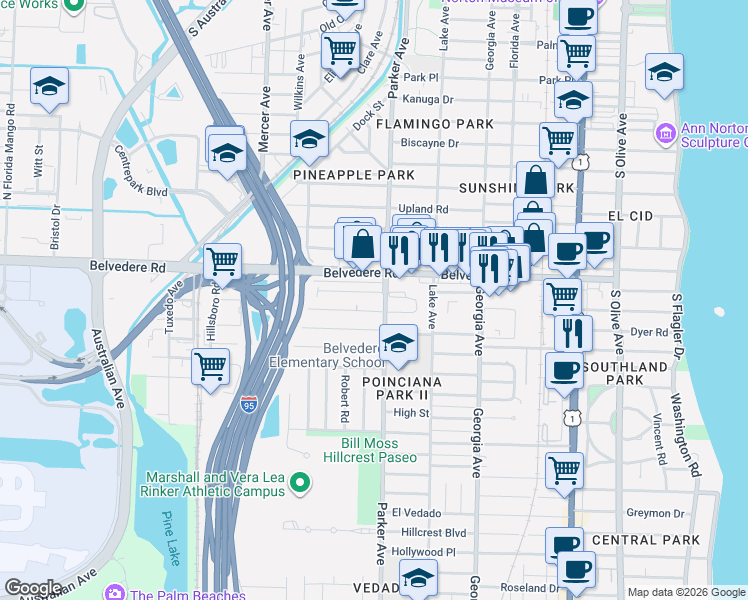 map of restaurants, bars, coffee shops, grocery stores, and more near 2741a Parker Avenue in West Palm Beach