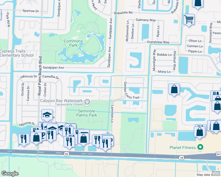 map of restaurants, bars, coffee shops, grocery stores, and more near 455 Rainbow Springs Terrace in Royal Palm Beach
