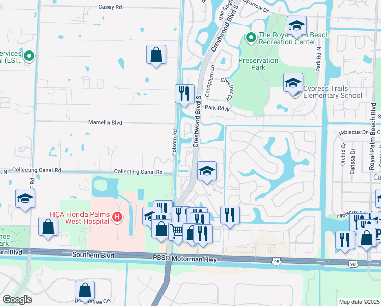 map of restaurants, bars, coffee shops, grocery stores, and more near 360 Crestwood Circle in Royal Palm Beach
