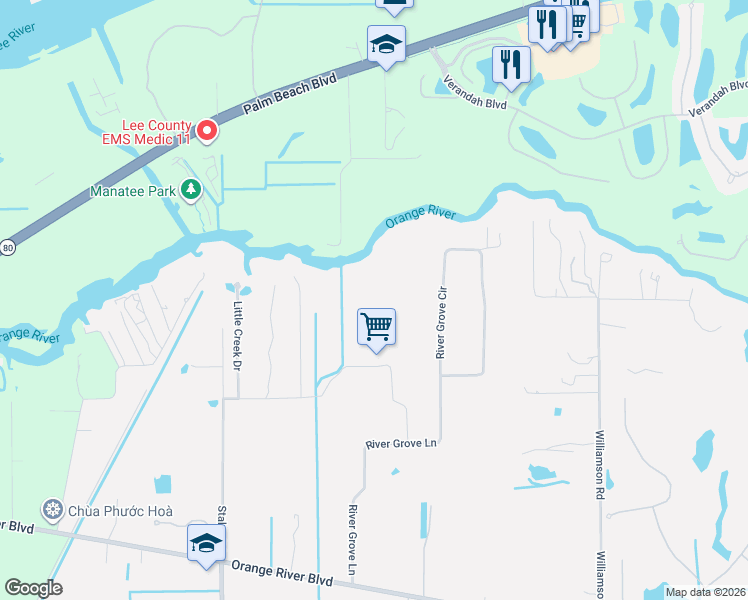 map of restaurants, bars, coffee shops, grocery stores, and more near 11301 Long Road in Fort Myers