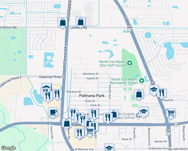 map of restaurants, bars, coffee shops, grocery stores, and more near 431 Monterey Street in North Fort Myers