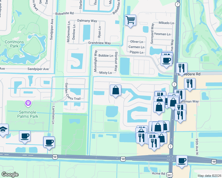 map of restaurants, bars, coffee shops, grocery stores, and more near 112 Sarona Circle in Royal Palm Beach