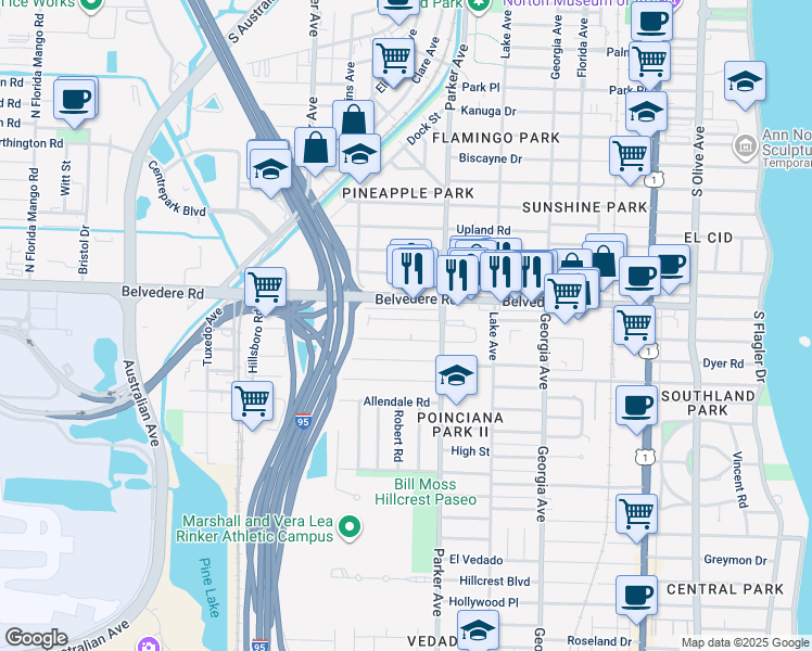 map of restaurants, bars, coffee shops, grocery stores, and more near 936 Ortega Road in West Palm Beach