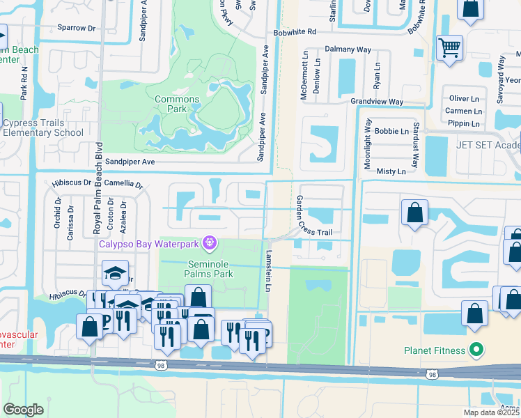 map of restaurants, bars, coffee shops, grocery stores, and more near 459 Rainbow Springs Terrace in Royal Palm Beach