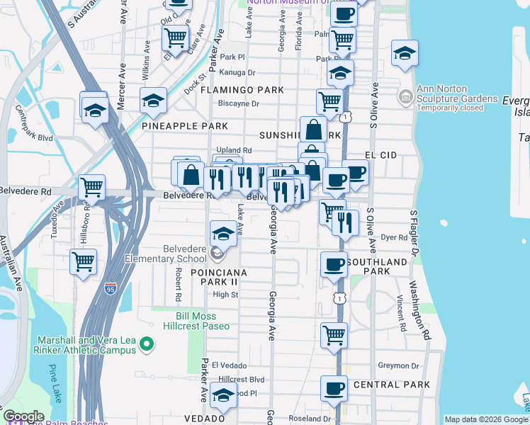 map of restaurants, bars, coffee shops, grocery stores, and more near 714 Gotham Court in West Palm Beach