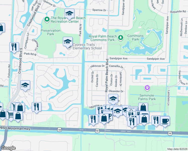 map of restaurants, bars, coffee shops, grocery stores, and more near 792 Orchid Drive in Royal Palm Beach