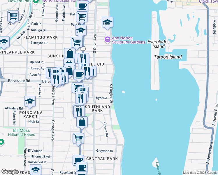 map of restaurants, bars, coffee shops, grocery stores, and more near 2701 South Flagler Drive in West Palm Beach