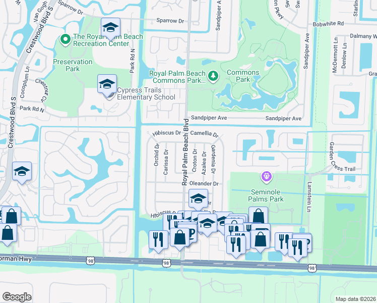 map of restaurants, bars, coffee shops, grocery stores, and more near 854 Royal Palm Beach Boulevard in Royal Palm Beach