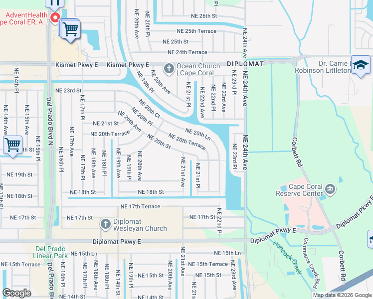 map of restaurants, bars, coffee shops, grocery stores, and more near 2105 Northeast 20th Street in Cape Coral