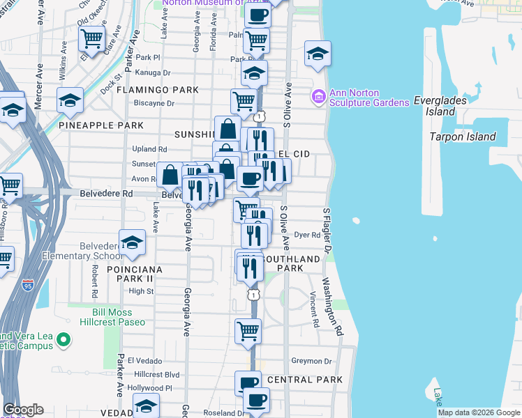 map of restaurants, bars, coffee shops, grocery stores, and more near 2716 South Dixie Highway in West Palm Beach