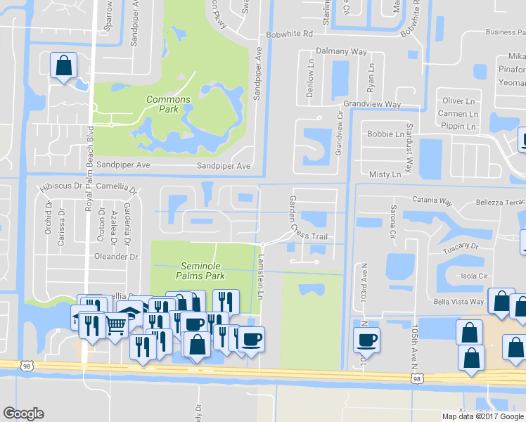 map of restaurants, bars, coffee shops, grocery stores, and more near 333 River Bluff Lane in Royal Palm Beach