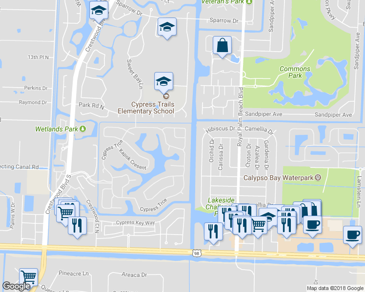 map of restaurants, bars, coffee shops, grocery stores, and more near 200 Cypress Trce in Royal Palm Beach