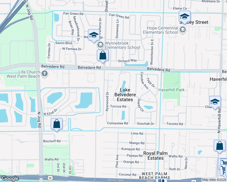 map of restaurants, bars, coffee shops, grocery stores, and more near 832 Fieldstone Way in West Palm Beach