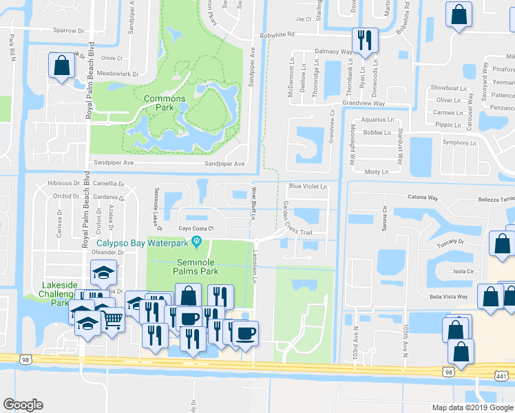 map of restaurants, bars, coffee shops, grocery stores, and more near 337 River Bluff Lane in Royal Palm Beach
