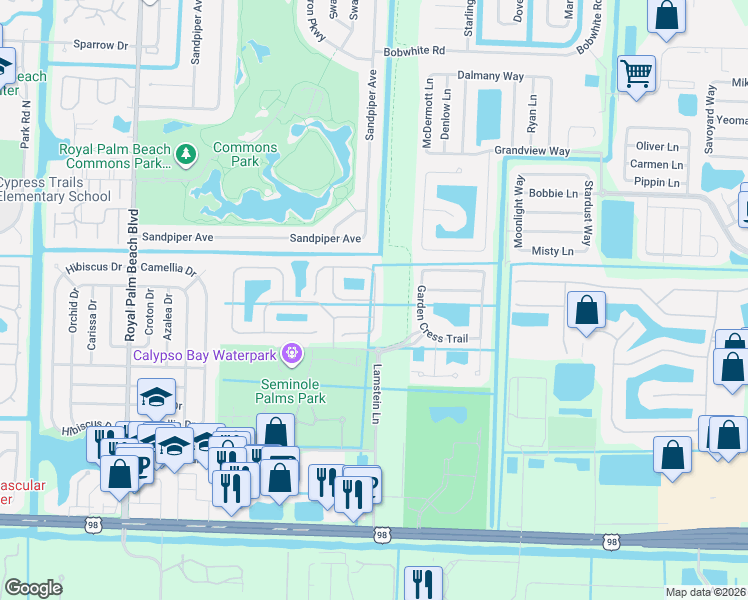 map of restaurants, bars, coffee shops, grocery stores, and more near River Bluff Lane in Royal Palm Beach