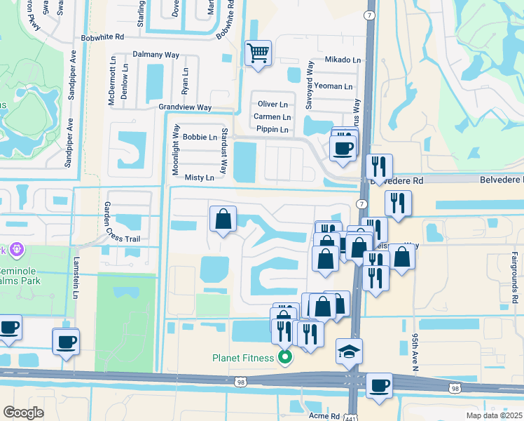 map of restaurants, bars, coffee shops, grocery stores, and more near 142 Catania Way in Royal Palm Beach