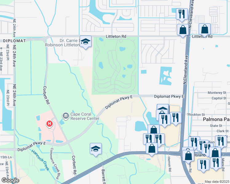 map of restaurants, bars, coffee shops, grocery stores, and more near 93 Archer Lane in North Fort Myers