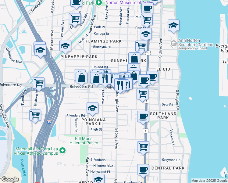map of restaurants, bars, coffee shops, grocery stores, and more near 714 Gotham Court in West Palm Beach