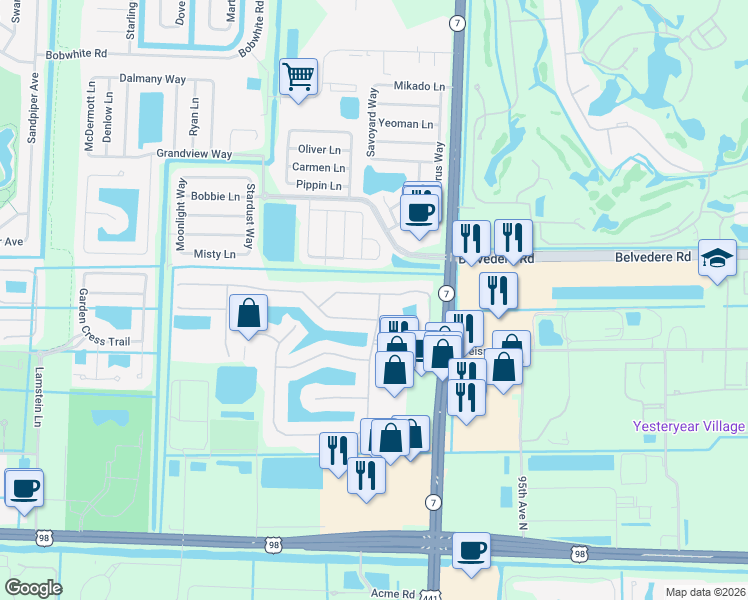 map of restaurants, bars, coffee shops, grocery stores, and more near 128 Bellezza Terrace in Royal Palm Beach