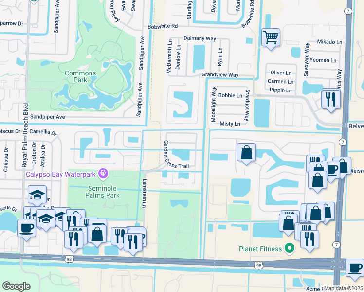 map of restaurants, bars, coffee shops, grocery stores, and more near 11446 Sage Meadow Terrace in West Palm Beach