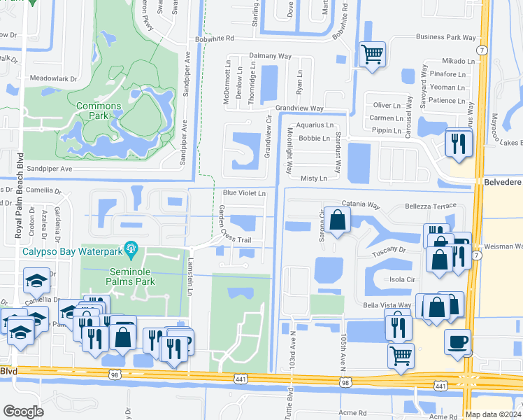 map of restaurants, bars, coffee shops, grocery stores, and more near 11410 Sage Meadow Terrace in Royal Palm Beach