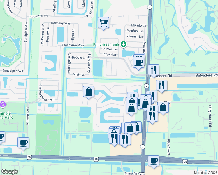 map of restaurants, bars, coffee shops, grocery stores, and more near 101 Bellezza Terrace in Royal Palm Beach
