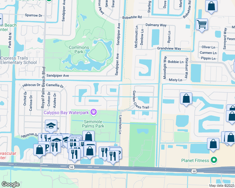 map of restaurants, bars, coffee shops, grocery stores, and more near 455 Rainbow Springs Terrace in Royal Palm Beach