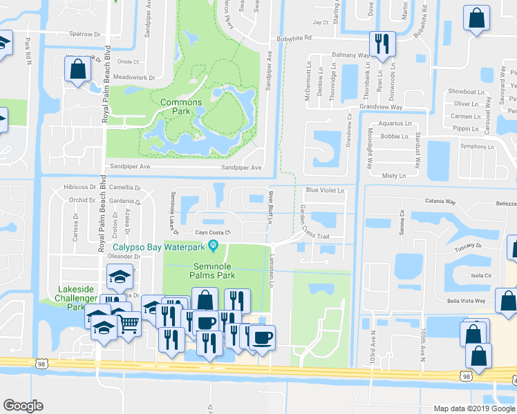 map of restaurants, bars, coffee shops, grocery stores, and more near 455 Rainbow Springs Terrace in Royal Palm Beach