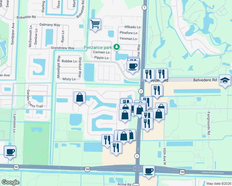 map of restaurants, bars, coffee shops, grocery stores, and more near 124 Bellezza Terrace in Royal Palm Beach