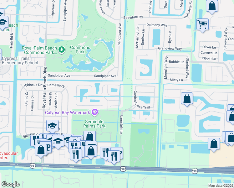 map of restaurants, bars, coffee shops, grocery stores, and more near 460 Rainbow Springs Terrace in Royal Palm Beach